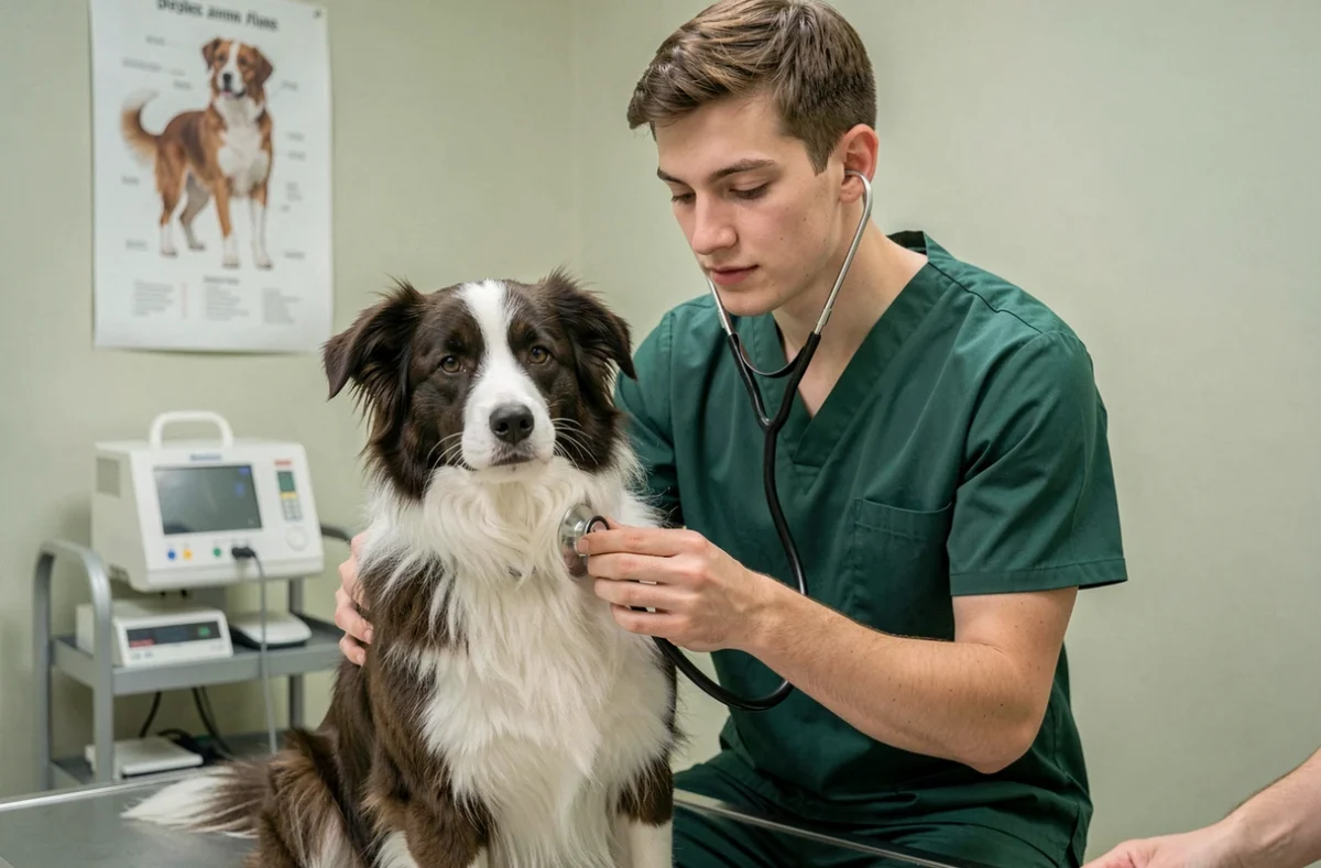Vétérinaire examinant un border collie avec un stéthoscope lors d'une consultation, contexte assurance santé animale
