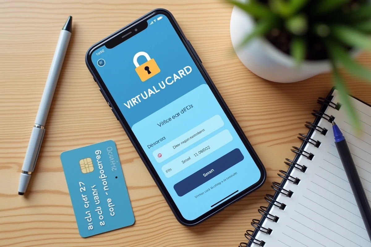 Vue de dessus d'un smartphone affichant un numéro de carte virtuelle CMB à côté d'une carte bancaire physique sur un bureau en bois